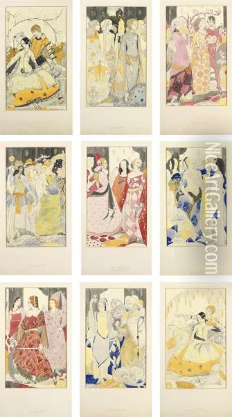 Nine Full-scale Preparatory Studies For A Series Of Stained Glass Panels, Illustrating John Millington Synge's Poem Queens Oil Painting - Harry Clarke