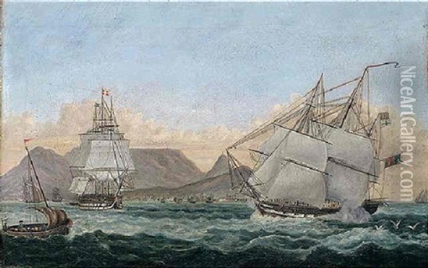 Danish And British Shipping Off Cape Town Oil Painting - Thomas Buttersworth