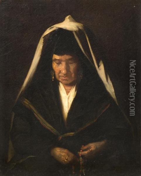 Old Woman With Rosary Beads Oil Painting - Francois Bonvin