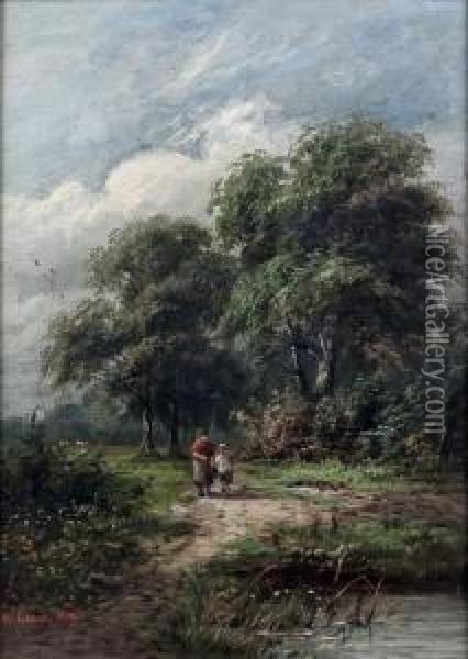 Woman And Child On A Country Path Oil Painting - Lewis William Wyatt