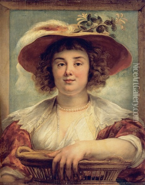 A Portrait Of The Artist's Daughter Elizabeth Wearing A Straw Hat With A Sprig Of Honeysuckle And An Ostrich Plume, Holding A Basket Oil Painting - Jacob Jordaens
