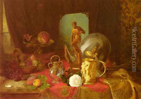 A Still Life with Fruit, Objets d'Art and a White Rose on a Table Oil Painting - Blaise Alexandre Desgoffe