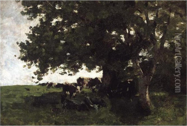 Cows Sheltering Under A Tree Oil Painting - Nathaniel R.H.A. Hone Ii,