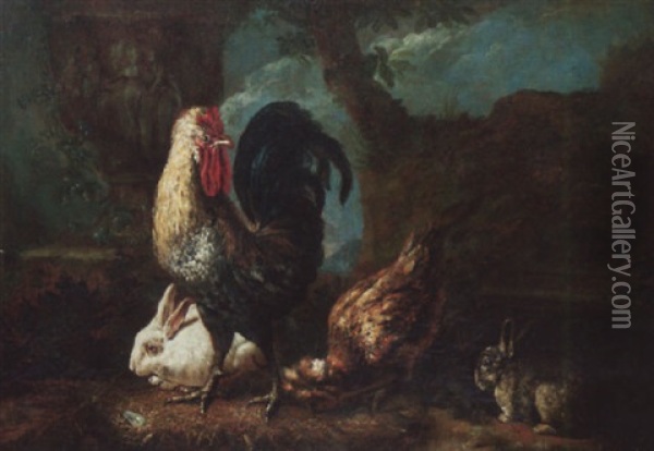 A Courtyard Scene With A Cockerel, Hen And Two Rabbits Oil Painting - David de Coninck