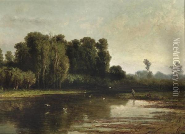 Anglers On A Riverbank Oil Painting - Hendrik D. Kruseman Van Elten