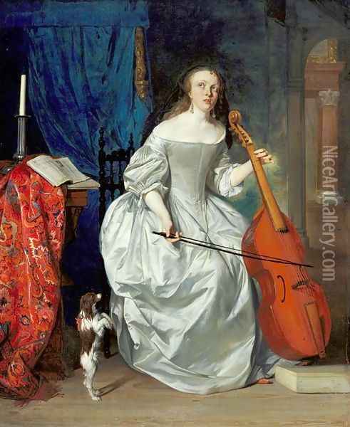 Woman Playing the Viola da Gamba Oil Painting - Gabriel Metsu