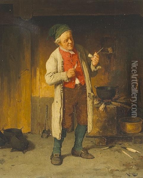 The Clean Pipe; The Mishap (a Pair) Oil Painting - August Jernberg