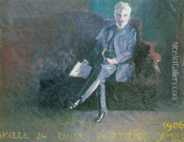 Leopold Czihaczek Auf Rotem Sofa Sitzend Oil Painting - Egon Schiele