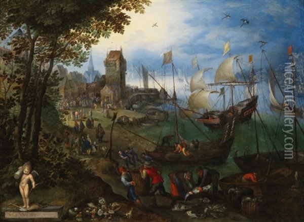 A Crowded Harbour Scene On The Scheldt Near Antwerp Oil Painting - Jan Brueghel the Elder