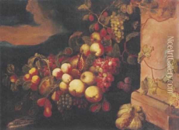 Peaches, Apples, Grapes, Melons, Figs And Plums By A Plinth In A Clearing Oil Painting - Michelangelo di Campidoglio