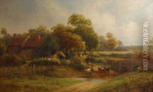 Cattle Watering By Bridge And Cottage Oil Painting - Robert John Hammond