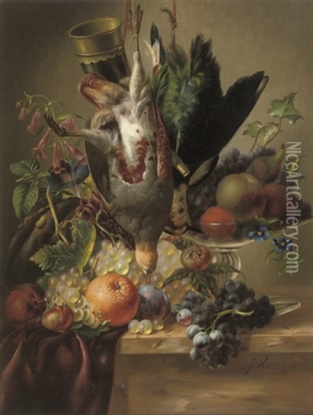 Still Life With A Partridge, Plover, Fruit And Flowers Oil Painting - Johannes Reekers