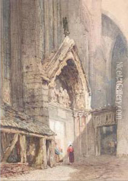 Figures By The Entrance To A Cathedral Oil Painting - John Skinner Prout