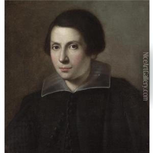 Portrait Of A Young Man, Head And Shoulders, Wearing Black With A White Ruff Oil Painting - Carlo Ceresa