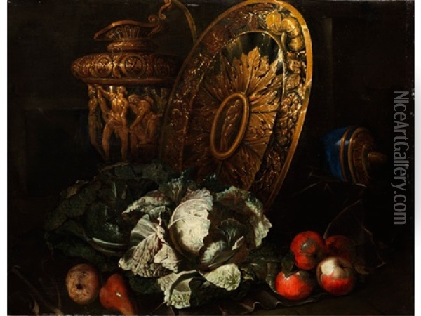 Grosses Stilleben Mit Goldenem Prunkgeschirr, Kohlkopf Und Fruchten Oil Painting - Giuseppe Recco