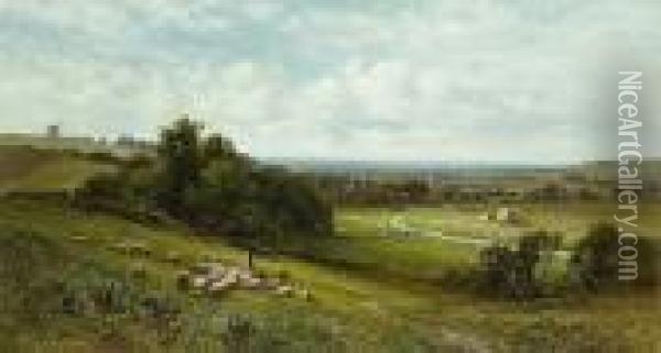 Driving Sheep, Alfriston, Sussex Oil Painting - Alfred I Glendening