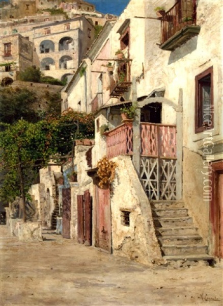 Veduta Di Amalfi Olio Su Tela Oil Painting - Vincenzo Caprile