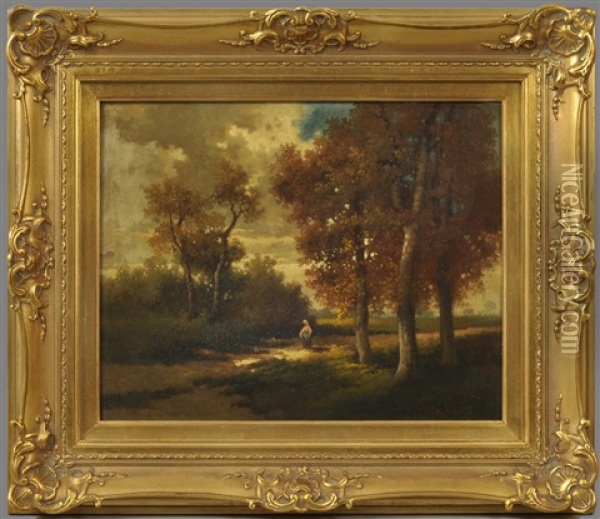 Herbstliche Wandlandschaft Mit Pilzsammlerin Oil Painting - Nikolaus (Miklos) Santho