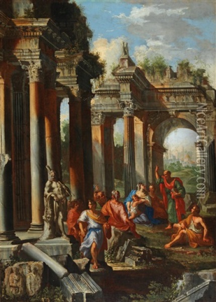 Capriccio Of Ruins With The Sermon Of Saint Paul; And Capriccio Of Ruins With The Beheading Of Saint Paul Oil Painting - Alberto Carlieri