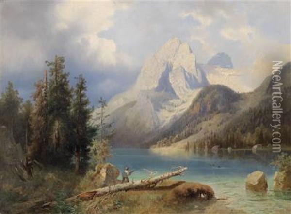 Hunter By Amountain Lake Oil Painting - Josef Thoma