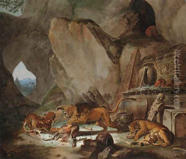 A lion and a tiger fighting over a fallen stag before a classical sarcophagus in a cave, a landscape with a pyramid beyond Oil Painting - Carl Borromaus Andreas Ruthart