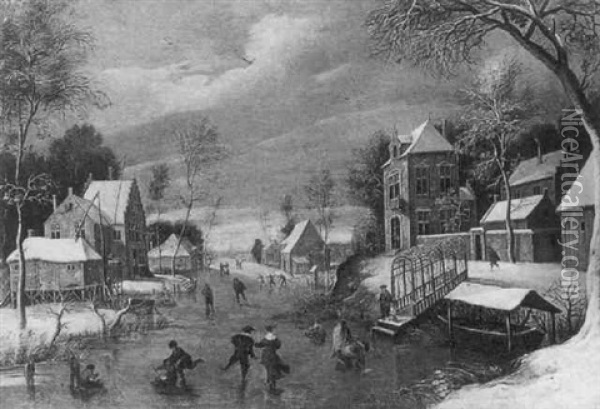 Winter Landscape With Ice Skaters Oil Painting - Jan Abrahamsz. Beerstraten