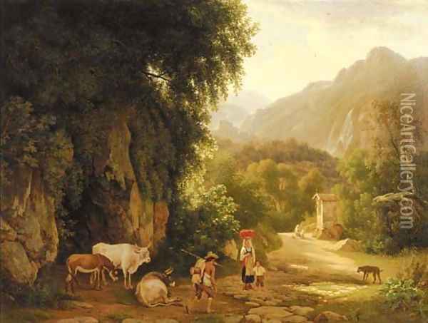 An Italianate landscape with travellers and peasants on a mountain track, others praying in front of a chapel beyond Oil Painting - Lievine Teerlink