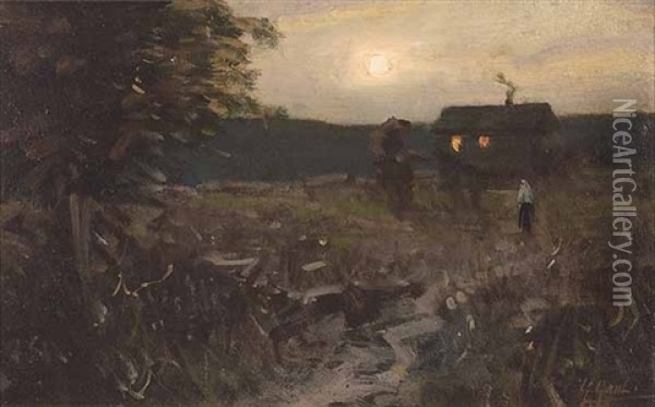 Tennessee Evening - Cabin With Figures Oil Painting - Gilbert Gaul