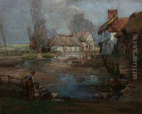 The Village Pond, Wyton Near Huntingdon. Oil Painting - William Watt Milne
