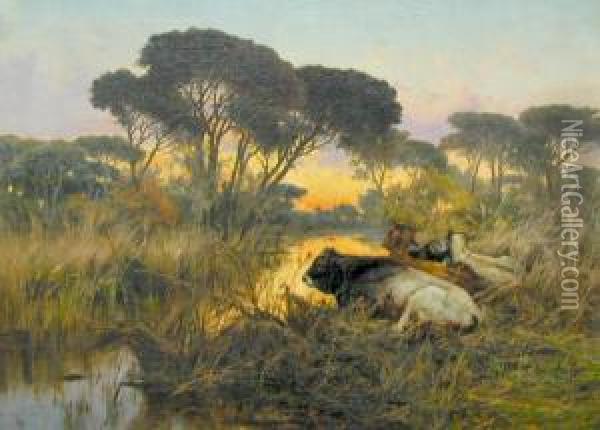 Krajobraz Z Bydlem. Blota Pontyjskie, Miedzy 1885 - 1900 Oil Painting - Pietro Barucci