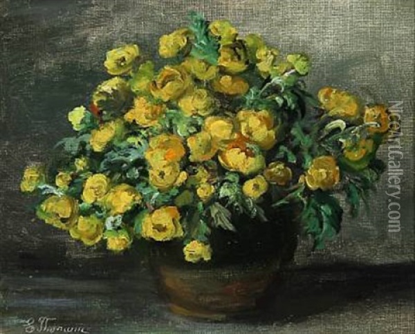 Bouquet Globeflowers In A Vase On A Table Oil Painting - Emmy Thornam