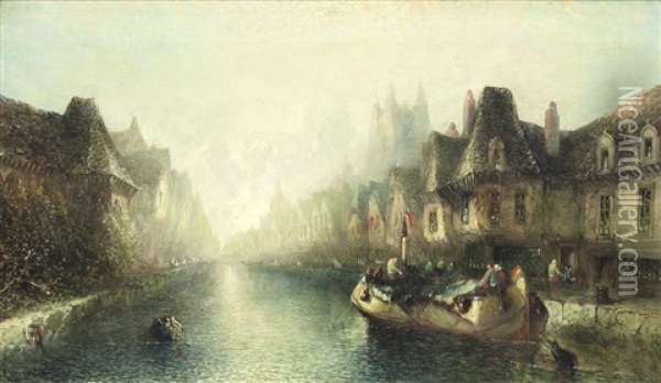 A Barge On A Canal In A Continental Town Oil Painting - Alfred Montague