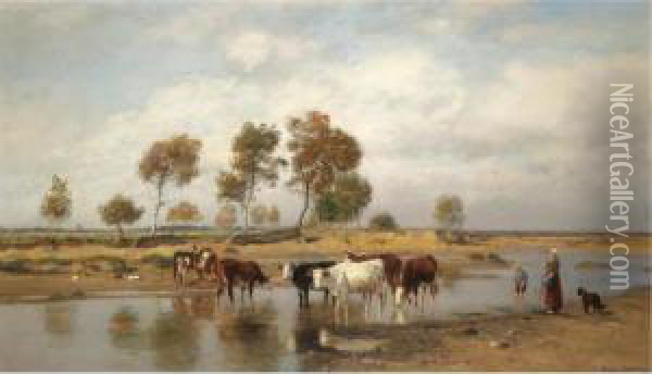 Kuhe An Der Tranke (cows At The Watering Place) Oil Painting - Eugene Jettel