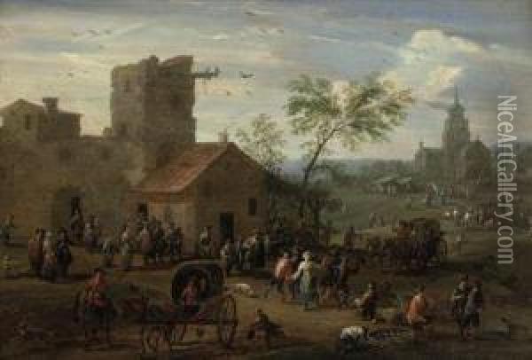 A Village 'kermesse' With Figures Making Merry, Archers Playing Agame Beyond Oil Painting - Mattijs Schoevaerdts