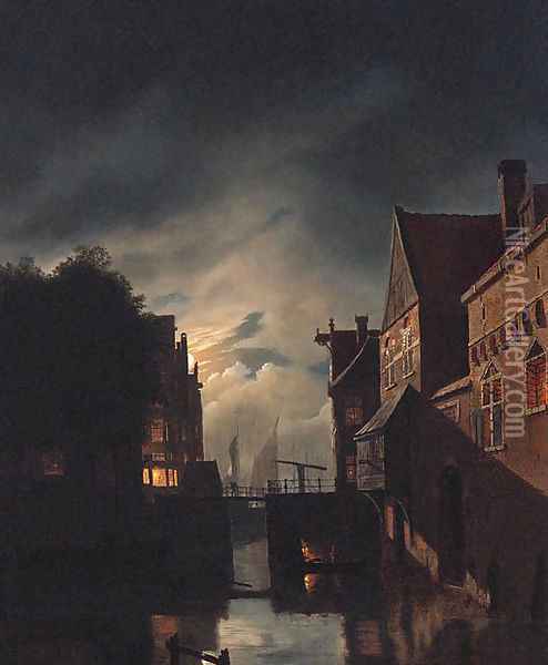 A Canal in Amsterdam, by night Oil Painting - Hendrik Gerrit ten Cate