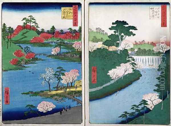Along the riverbank two views from 60 Odd Famous Views of the Provinces Oil Painting - Utagawa or Ando Hiroshige