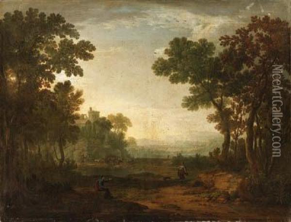 An Arcadian Landscape With Travellers And Herdsmen On A Path Oil Painting - Robert Carver