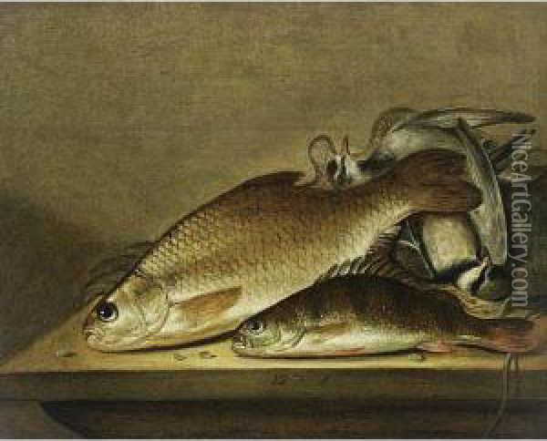 A Still Life With Fish And Birds On A Wooden Ledge Oil Painting - Pieter de Putter