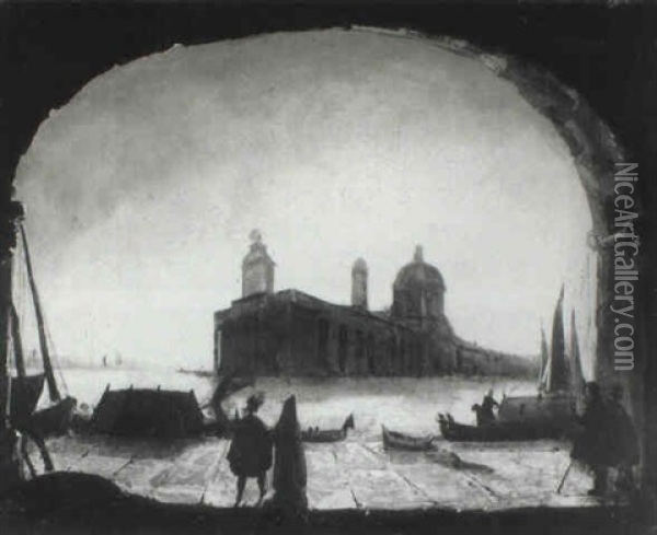 Figures Beneath An Arch Looking Towards Santa Maria Della   Salute, Venice Oil Painting - William James Mueller