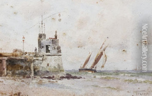 Shipping Off The Coast (+ Another; Pair) (+ In Plymouth Harbor, Watercolor; 3 Works) Oil Painting - John Fraser