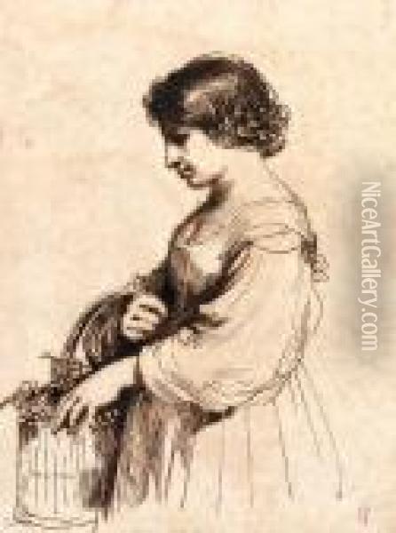 A Young Girl Holding A Basket Of Grapes Oil Painting - Guercino