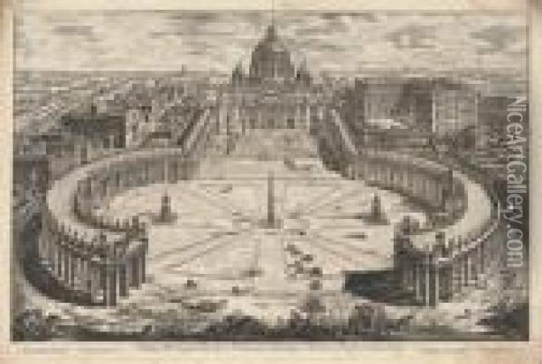 St. Peter's, With Forecourt And Colonnades Oil Painting - Giovanni Battista Piranesi