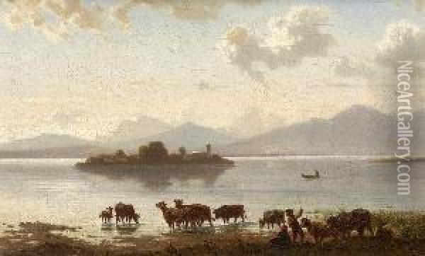 Hirten Mit Vieh Am Ufer Des
 Chiemsees. Oil Painting - Julius Noerr