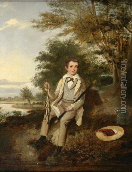 The Young Fisherman, - Young Boy Seated With His Catch On A Riverbank Oil Painting - Edmond Bristowe
