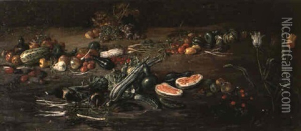 Nature Morte Aux Fruits Et Aux Legumes Oil Painting - Ferdinand van Kessel