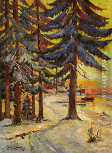 Winter Evening On The Lake Oil Painting - Iulii Iul'evich (Julius) Klever