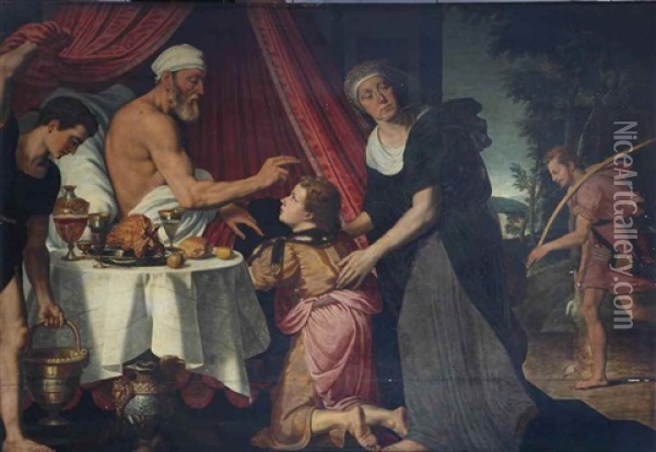 Isaac Blessing Jacob With The Presence Of Rebecca, With Esau Returning From The Hunt In The Background Oil Painting - Willem Key