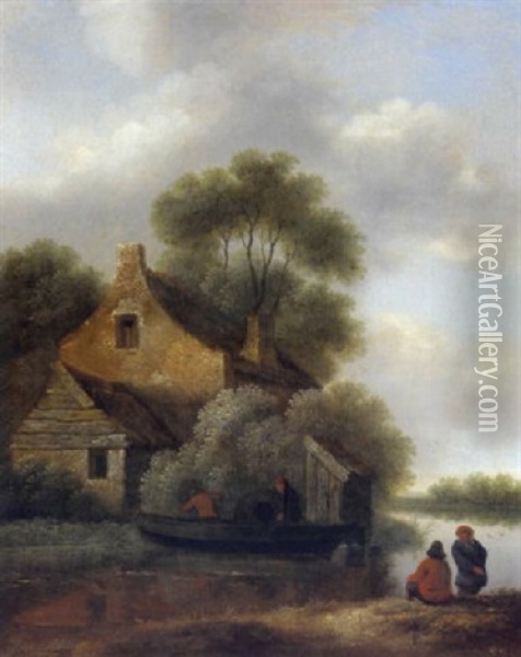Bauernhaus An Einem Fluss Mit Einem Boot Und Bauern Oil Painting - Nicolaes Molenaer