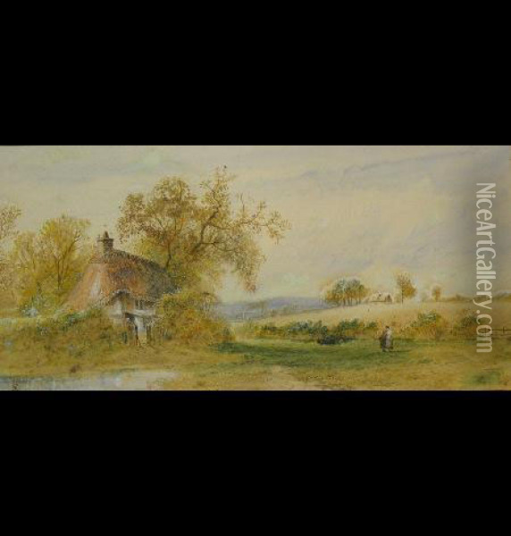 Country Scene With
Figures Outside A Cottage By A Pond Oil Painting - Myles Birket Foster