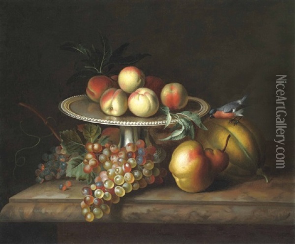 Peaches On A Silver Tazza, Grapes, A Pear And A Melon With A Bullfinch On A Stone Ledge Oil Painting - Tobias Stranovius